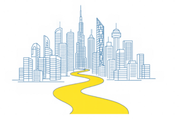 Yellow brick pathway winding toward minimalist blue line rendering of dubai skyline, symbolizing journey, aspiration, global connection