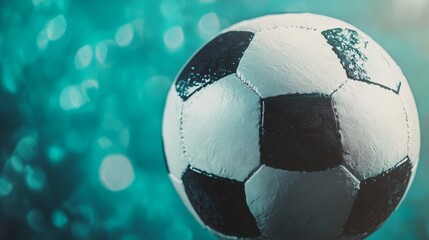 Fototapeta premium The image captures the essence of soccer with a detailed view of a traditional black and white ball. The soft focus background enhances the depth and texture of the ball.