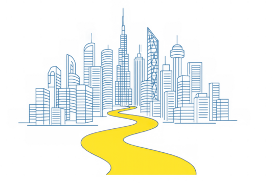 Yellow brick pathway winding toward minimalist blue line rendering of dubai skyline, symbolizing journey, aspiration, global connection