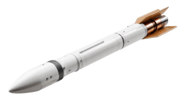 High-Tech Missile: A sleek, technologically advanced missile, poised for launch. Its streamlined design, metallic finish, and strategic engineering symbolize power, precision.