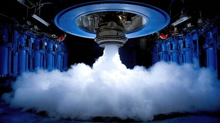 Rocket Engine Test Stand with Blue Lighting and Propellant Exhaust in a Lab Setting