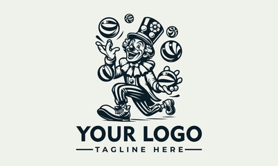 A vintage-style illustration of a joyful clown juggling balls, designed as a logo.