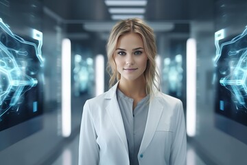 Medical scientist posing in modern laboratory with futuristic holographic screens showing data