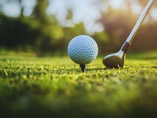 The image captures a precise moment in a golfer's swing, showcasing the focus and intensity of the sport. The golf ball is on the green, ready to be hit with the club