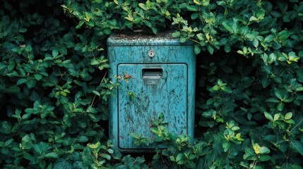 A teal mailbox is overgrown with green foliage in the outdoors. Ideal for nature-related blog or image to showcase rural settings.