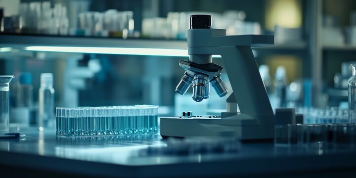 A scientific setting in a lab with a microscope on a counter filled with test tubes and beakers. - Powered by Adobe