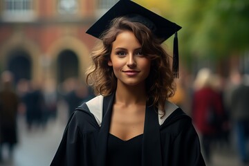 Happy graduating student wearing cap and gown posing at university campus