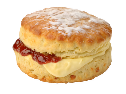 Delicious cream tea scone with jam and cream