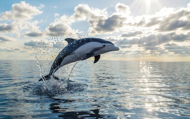 Obraz premium Dolphin leaping from the ocean water with sunlit clouds above