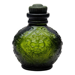 Vintage green glass perfume bottle antique collectibles home decor elegant settings close-up timeless beauty
