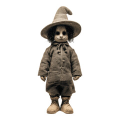 Halloween themed scarecrow doll studio display decorative item indoor front view eerie aesthetic