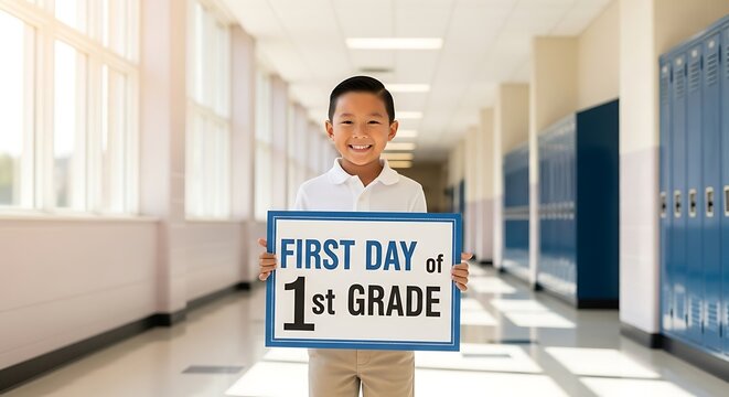 A smiling boy holding a first day of first grade sign in a school hallway with lockers and windows
