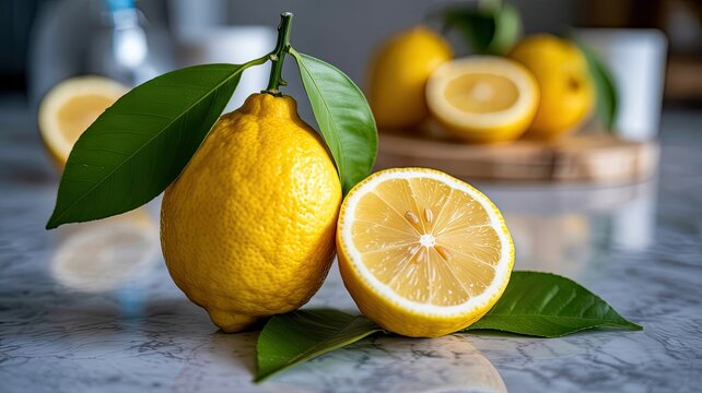 Bright yellow citrus fruit with green leaves lemon - Powered by Adobe