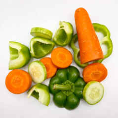 Fresh vegetable salad on white background. fresh sliced vegetables carrot, cucumber, and green bell pepper on white background. Perfect for healthy food concepts, cooking blogs, diet plans, kitchen