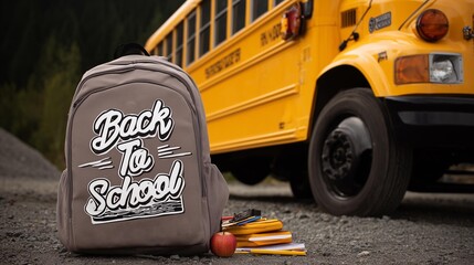 School bus with a backpack next to it with text Back to School with pencils, books and apple on the ground