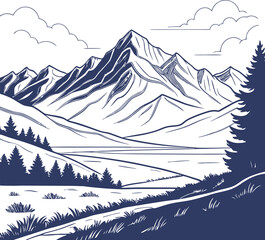 Majestic mountain range linear composition with vibrant color accents silhouette