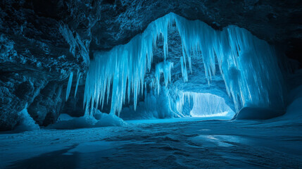 Frozen cave interior with icicles.