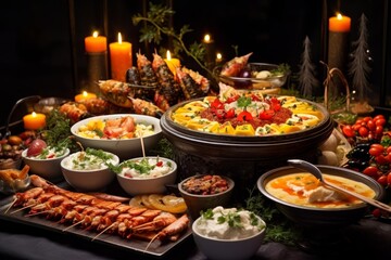 Fototapeta premium Festive christmas seafood buffet dinner table with a variety of delicious dishes, lit candles, and holiday decorations