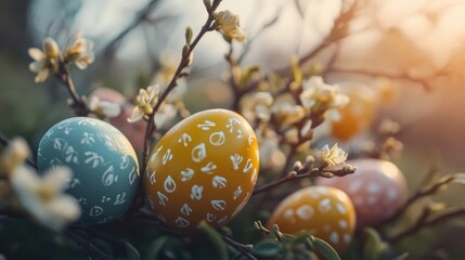 Obraz premium Brightly colored Easter eggs sitting on a branch of flowers in bloom.