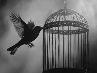 Obraz premium Bird flying in front of open birdcage on dark background.