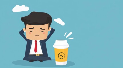 Stressed businessman sitting with empty coffee cup.