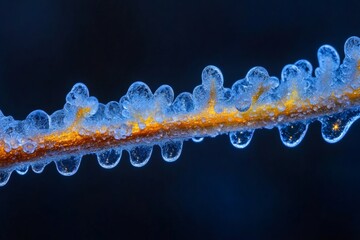 Close-up of a water droplet that has frozen in the shape of a flower petal on an orange branch.