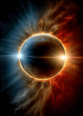 In a breathtaking cosmic illustration, a dark sphere symbolizes a celestial body surrounded by radiant light cascading from either side.