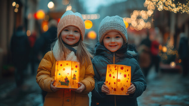 Happy children holding handmade paper lanterns during a St. Martin's Day parade at dusk, walking through a cozy autumn street filled with warm glowing lights. Banner with copy space