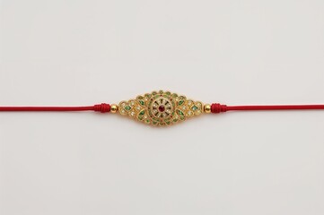 Golden rakhi thread Raksha Bandhan festival traditional bracelet - Hindu sibling celebration cultural heritage religious ceremony brother sister bond ornate decorative design
