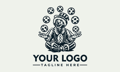 A smiling clown seated cross-legged, juggling soccer balls in a whimsical design.