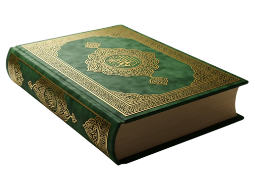 The Holy Quran in Green and Gold Detail Beautiful Islamic Religious Text with Intricate Patterns and Elegant Design