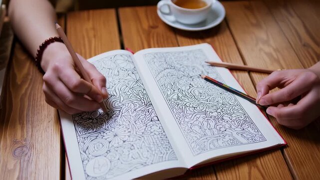Person coloring intricate design in book