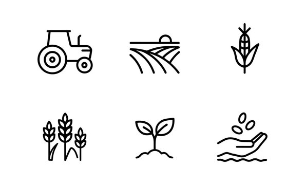 Minimalist agriculture icons: farming, crops, and cultivation designs