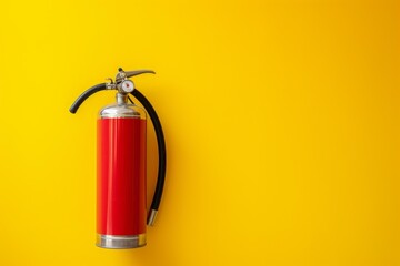 Obraz premium Studio shot of a red fire extinguisher lying on a yellow background, offering ample copy space for text or design elements