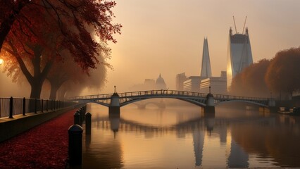Dense autumn fog swirls over the River Thames, London. Embankment path glows with golden, crimson leaves from oaks and planes. Silhouetted Millennium Bridge completes this classic London autumn view