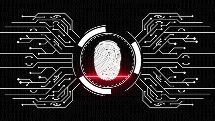 Information privacy and cyber security. data protection concept. fingerprint cyber security scanner digital technology .Abstract background with animation of symbol fingerprint from glass backdrop  - Powered by Adobe