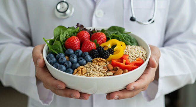 Nutrient-rich diet in a bowl offered by a healthcare professional