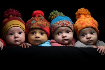 Four diverse babies wearing colorful knitted hats are peeking over a black blanket against a dark background