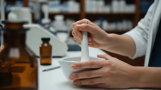 Pharmacist Using Mortar and Pestle in Laboratory for Medicine Preparation
