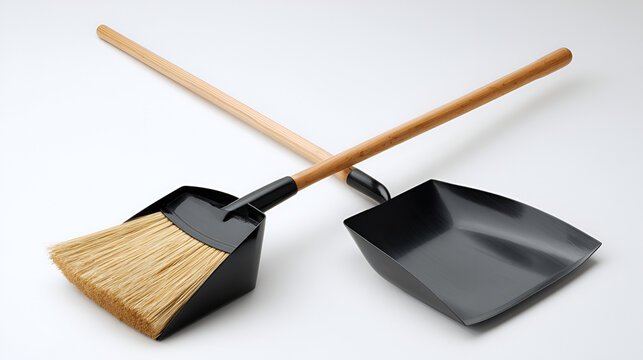Broom and dustpan cleaning tools wooden handles crossed on white background - Powered by Adobe