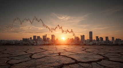 Financial crisis at sunrise in a cracked earth city