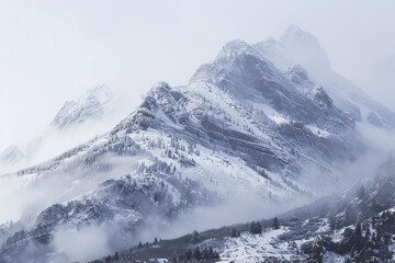 Obraz premium Stunning winter scene featuring snow covered mountain peaks rising above a layer of mist, creating a serene and awe inspiring vista