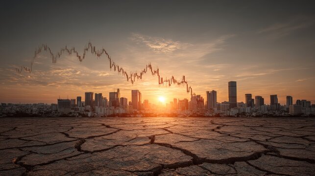 Financial crisis at sunrise in a cracked earth city