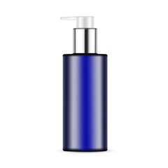 Realistic dark blue cosmetic pump bottle with silver cap isolated on white background. Mockup for shampoo, lotion, serum, or skincare product packaging