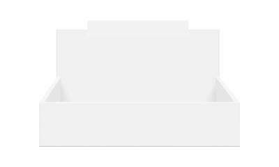 Realistic mockup of blank cardboard display box for retail product presentation. Countertop dispenser template for branding, packaging design, and POS marketing. Front, Isolated on white background