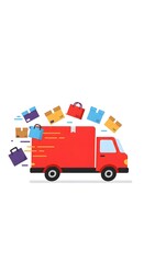 Red delivery truck with falling shopping bags and boxes