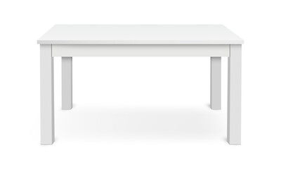Realistic mockup of a simple white rectangular table isolated on white background. Minimalist furniture design for interior, home, office, or workspace visualizations and product presentations