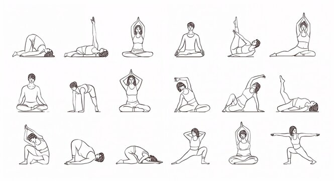 Simple line illustrations of yoga poses and stretches on plain white background