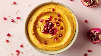 Pumpkin hummus topped with vibrant pomegranate seeds in a rustic bowl surrounded by scattered pomegranate seeds on a soft pink background showcases the delicious and healthy dip.