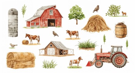 Watercolor rustic farm life icons with barn hay and tractor on plain white background